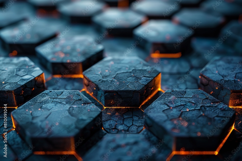 Poster a moody and atmospheric depiction of a hexagonal patterned surface under dim blue lighting