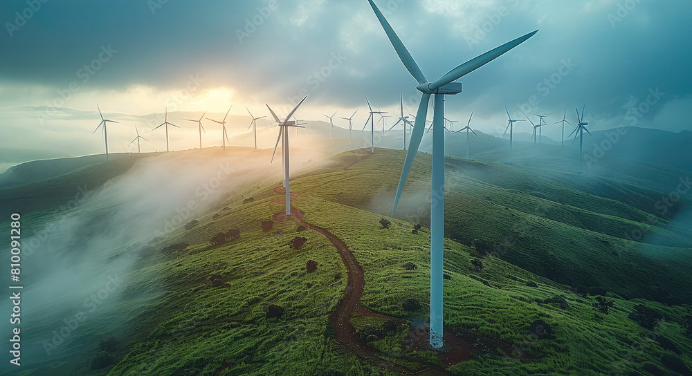 Poster wind turbines in a wind farm, majestic and tall, with rotating blades. overcast sky casting soft lig