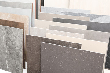 Many different samples of tiles on display in store