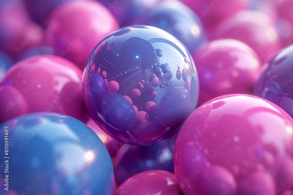 Poster a vibrant image with pink and blue reflective spheres, seemingly floating, with a depth of field eff