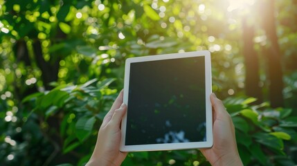 Touch screen tablet in hands in front of nature green background hyper realistic 