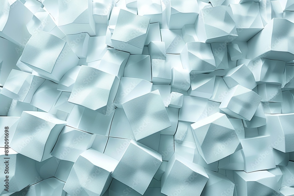 Poster an abstract representation of numerous white 3d cubes in varying sizes, scattered in a random, unorg