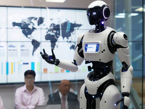 A cybernetic robot business analyst in a smart casual outfit explaining a dynamic digital dashboard to a diverse group of professionals , hyper realistic, low texture, low noise