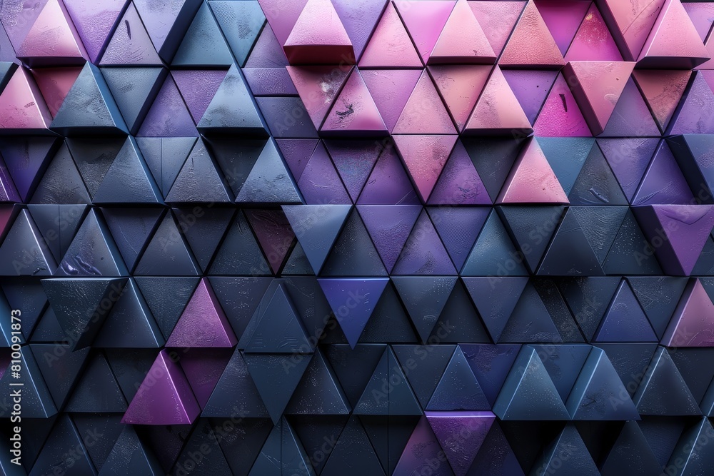 Poster the image features a 3d geometric pattern composed of triangular shapes with varying shades of purpl