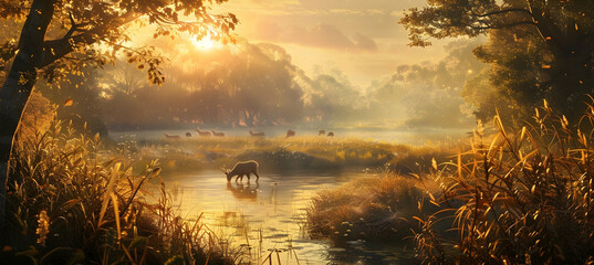 Golden sunlight illuminating a lush floodplain, with tall grasses swaying and a distant herd of...