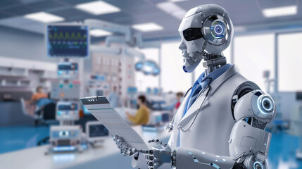 A cybernetic robot doctor in a futuristic medical facility