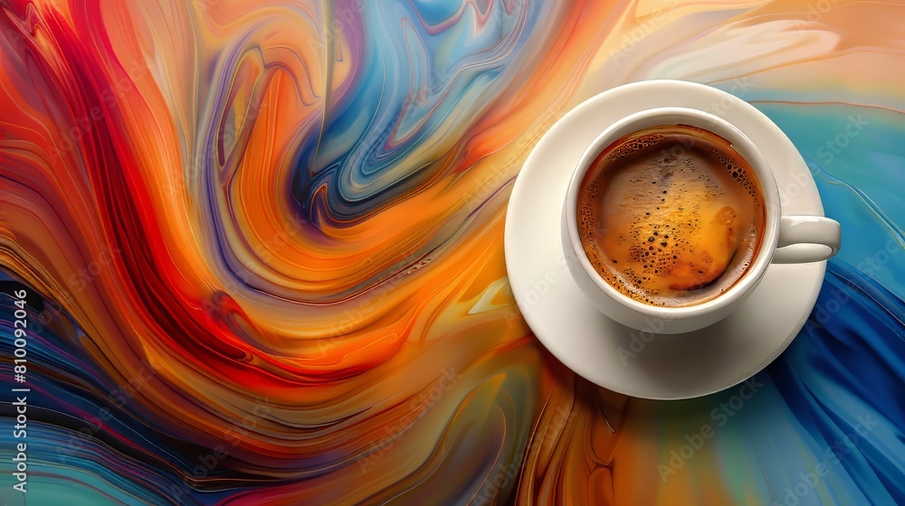 Poster artistic abstract backdrop with a lively color palette enhancing the visual appeal of a cup of hot c