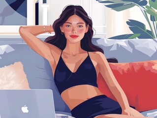 A digital illustration of a young woman lounging on a sofa with a laptop, exuding a relaxed, stylish vibe.