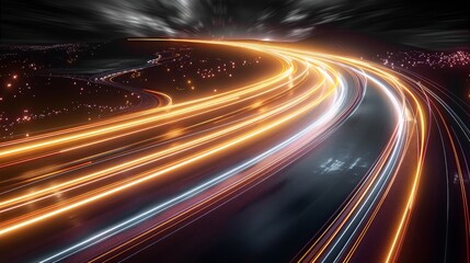 Abstract Speed light trails effect path, fast moving neon futuristic technology background, future virtual reality, motion effect, curve of neon bright, highway speed light. Generative AI.