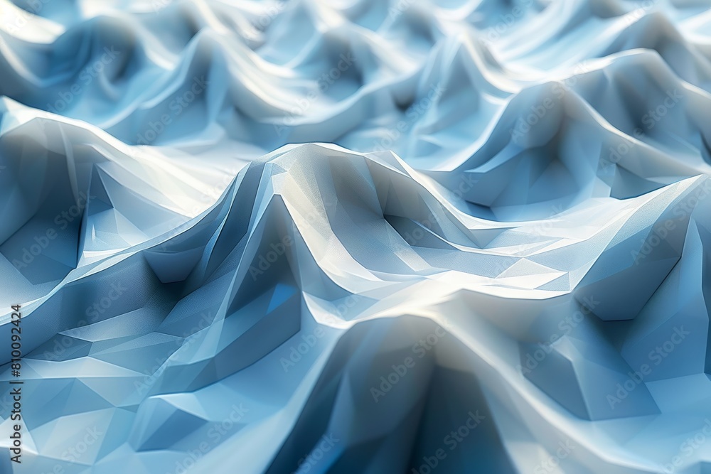 Poster a minimalist low-poly digital landscape created with sharp geometric patterns in blue tones