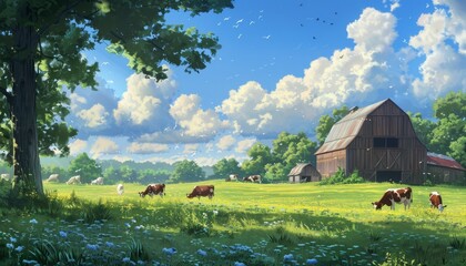 Scenic view of cows grazing on a lush farm with a barn and blue skies