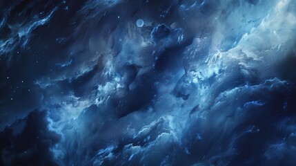 Ethereal wisps of mist swirling amidst a canvas of midnight blues and silver moonlight.