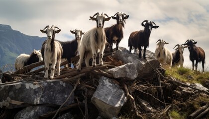 Herd of goats standing on a rocky mountain hill against a cloudy sky - Powered by Adobe