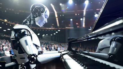 A cybernetic robot musician masterfully playing a grand piano on a concert hall stage