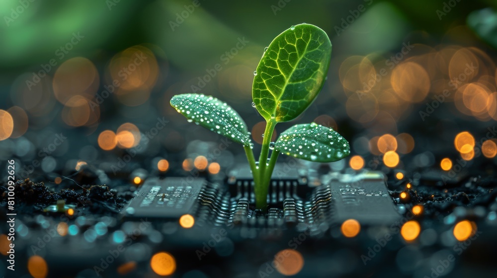 Poster sprout on circuit board with sparkling lights