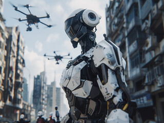 A cybernetic robot peacekeeper in a war-torn city