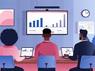 Rear view of a man giving a business presentation with attendees looking at graphs on a screen.