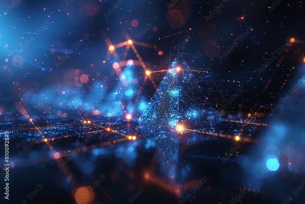 Poster intricate digital landscape depicting a network with glowing blue particles and connections represen