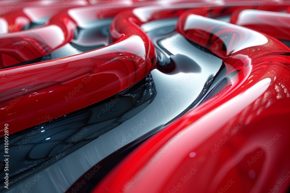 Poster an image depicting glossy red waves with sharp black reflections creating a dynamic and fluid visual
