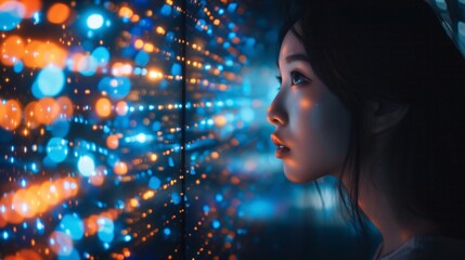 A young Asian woman's face is illuminated by a vibrant digital wall of LED lights, her expression a mix of wonder and curiosity as she explores the interactive display.