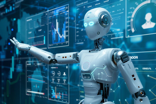 A cybernetic robot presenter using gesture control to navigate through financial data visualizations on a seamless multi-screen display setup