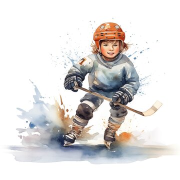 young hockey player skating watercolor clip art preview