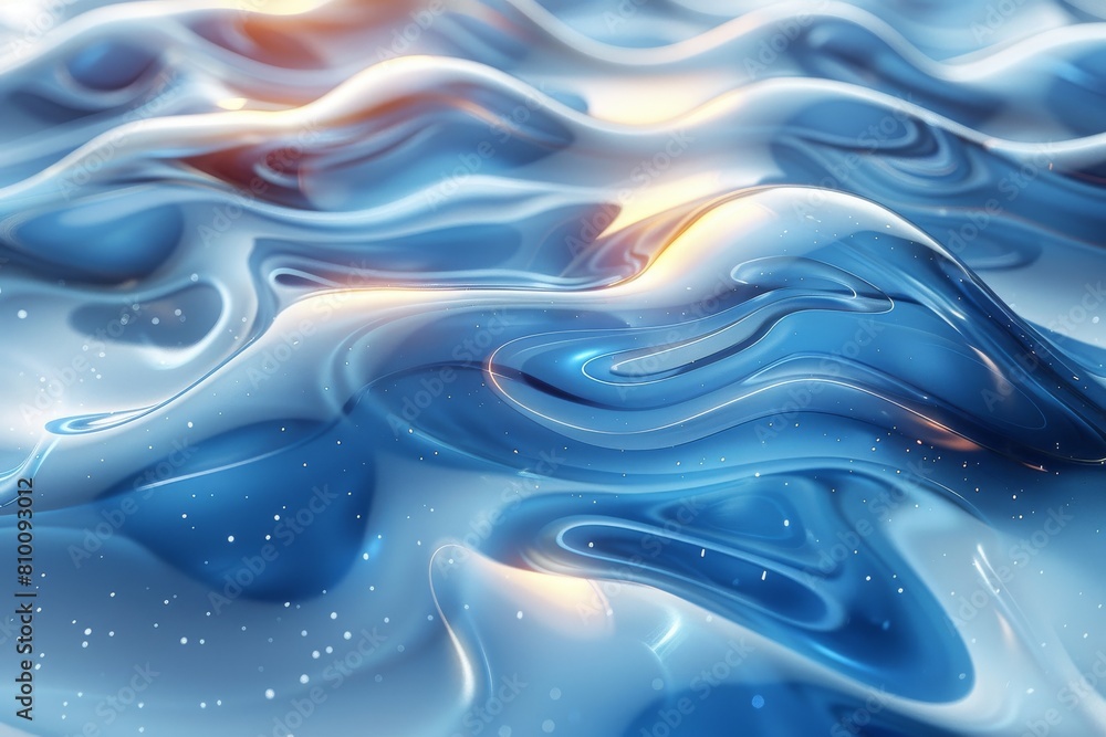 Poster a mesmerizing image capturing the flow and interaction of blue colors with a hint of orange, resembl