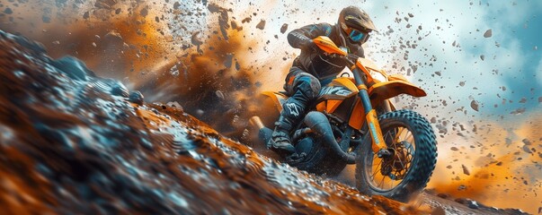 Motorcycle racer crossing a water obstacle