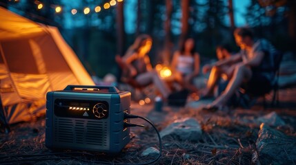 people sitting around a campfire with a radio on