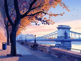 A vector illustration of a serene autumn scene by a river with a bridge in the background and trees shedding leaves.