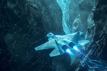 A blue fighter jet is flying through a rocky mountain range