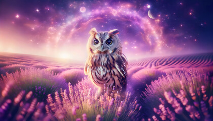An owl with a magic lavanda flower field on the background