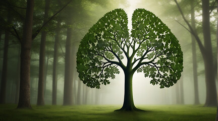 Abstract image of tree of forest in a shape the Green human lung, healthy lungs fresh air concept, sun
