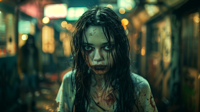 A zombie teenage gitl with long hair and dark green eyes in the alley at halloween night