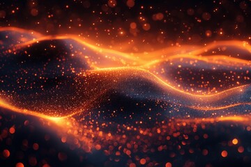 The image showcases sparkling waves of particles in orange tones, conveying energy and vibrancy