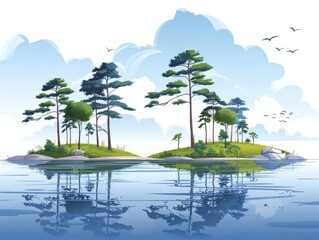 An illustrated serene landscape with pine trees on small islands, reflecting on the calm water under a clear sky with flying birds.