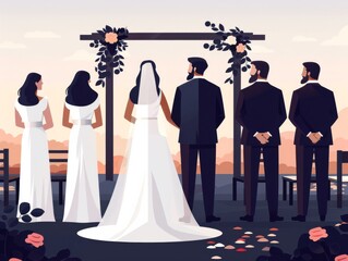 Illustration of a bride and groom standing before a priest with witnesses at a sunset wedding ceremony.