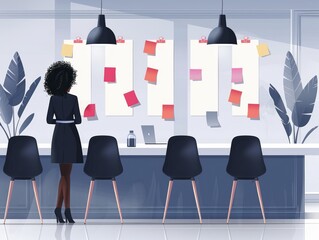 A businesswoman stands pondering before a wall with colorful sticky notes in a modern office setting.