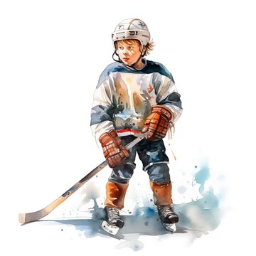 young hockey player watercolor portrait clip art preview