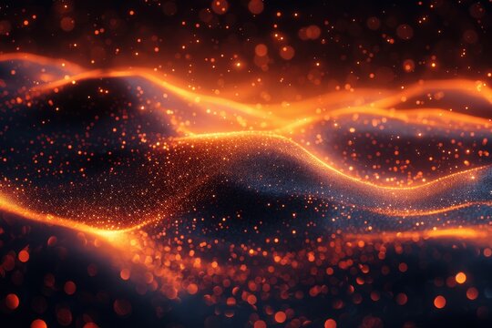 The image showcases sparkling waves of particles in orange tones, conveying energy and vibrancy