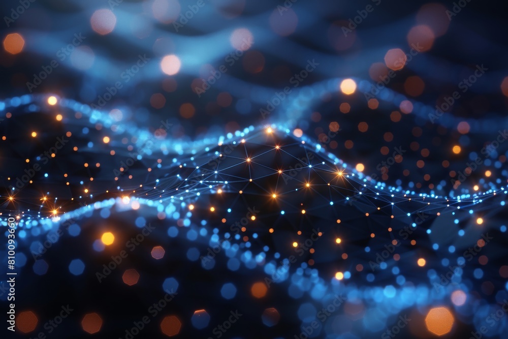 Poster digital abstract background depicting a network with glowing blue nodes and connecting lines