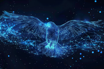 A blue bird with a star pattern on its wings flies through a starry sky