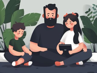 Illustration of a family sitting on the floor with a digital tablet, surrounded by indoor plants.