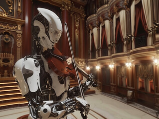 A cybernetic robot violinist delivering a soul-stirring solo performance in a historic opera house