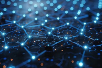 Obraz premium Close-up of a complex digital network with bright blue illumination and connectivity patterns