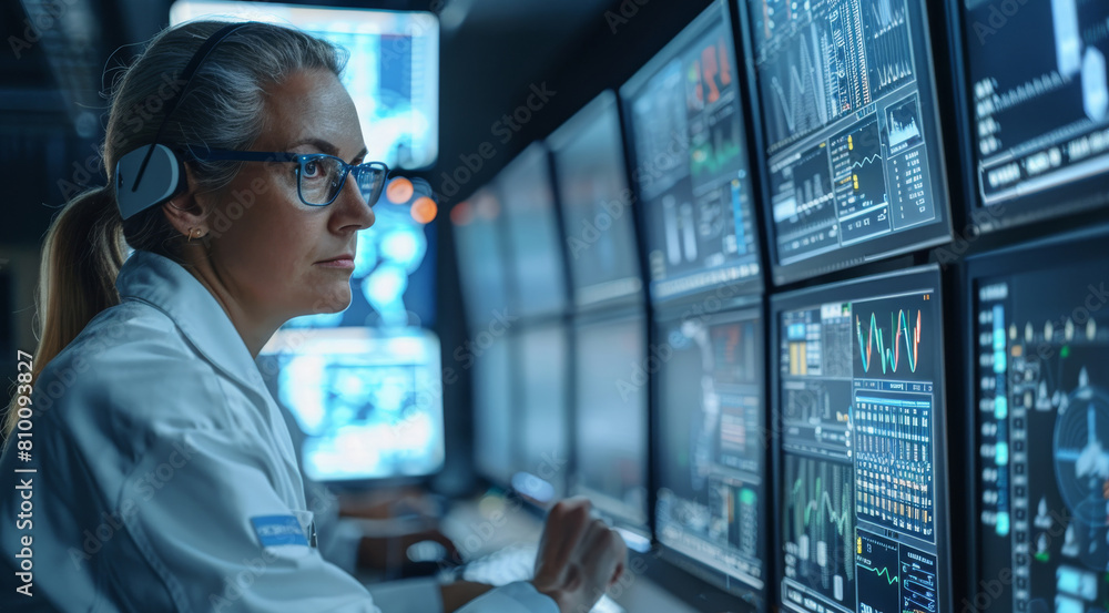 Poster Team of professionals in a sophisticated monitoring control room, intensely focusing on multiple screens displaying various data. The room is equipped with advanced technological tool. Generative AI.