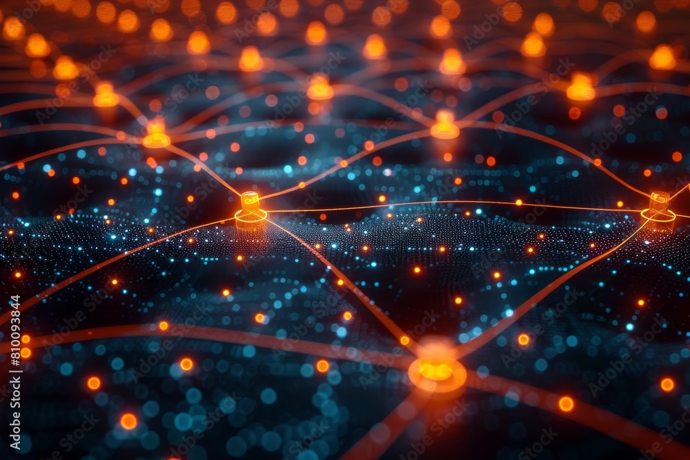 Poster this abstract technology image features a grid of glowing network nodes with connections, symbolizin