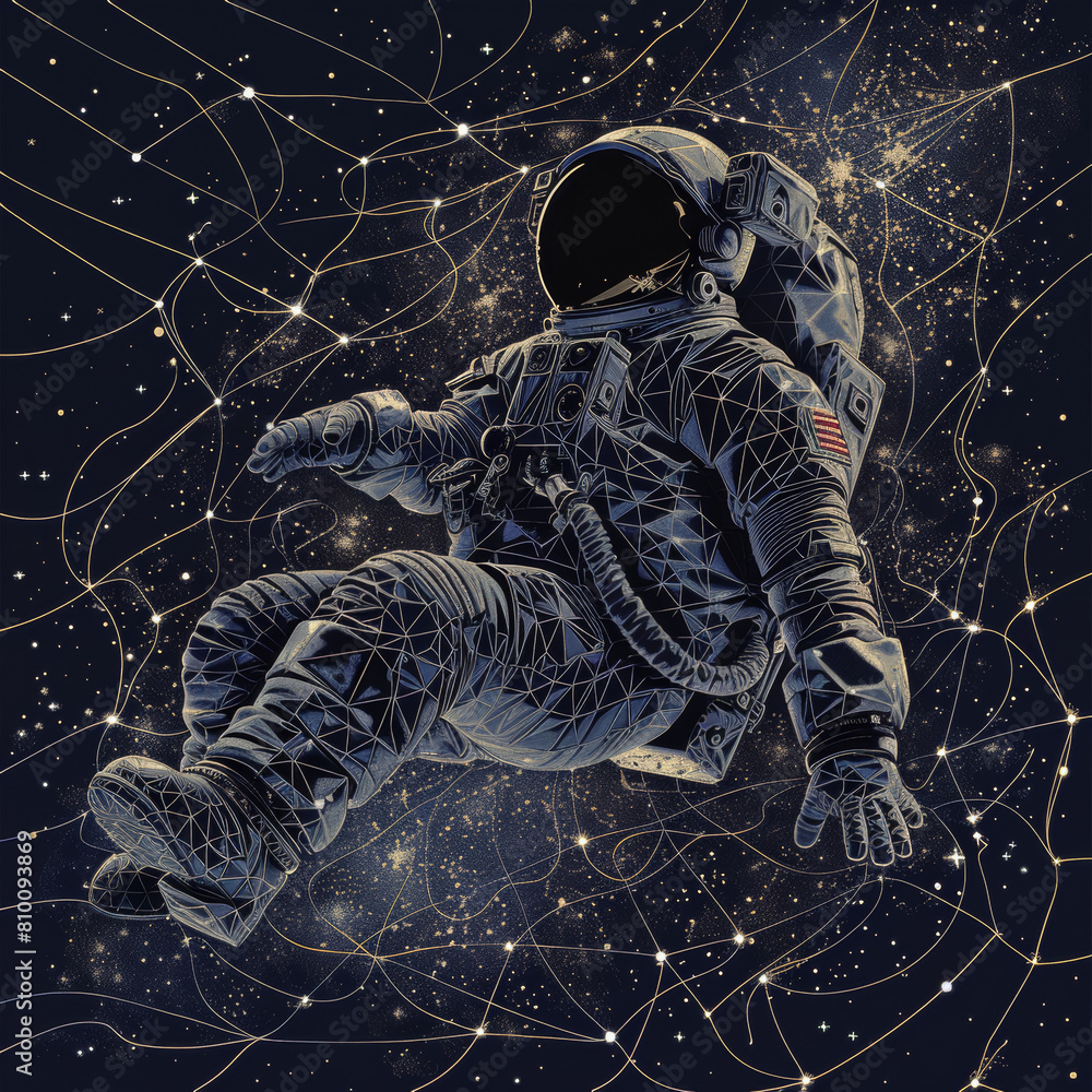 Poster a man in a spacesuit is floating in space