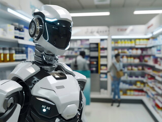 A friendly cybernetic robot offering expert advice on health supplements to customers in a bright, organized pharmacy setting , hyper realistic, low texture, low noise