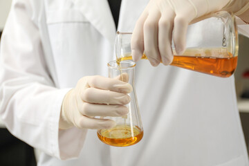 Laboratory worker pouring orange crude oil into flask, closeup